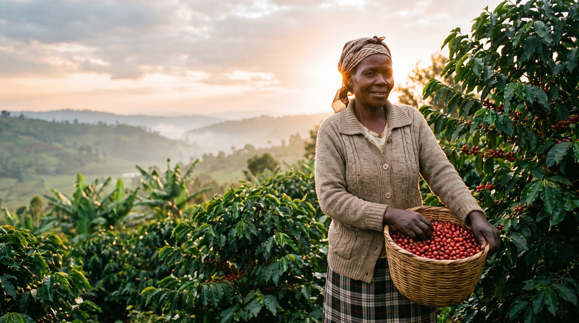 A Shirikiana member gathers ripe coffee cherries in the green highlands of Western Kenya at sunrise.