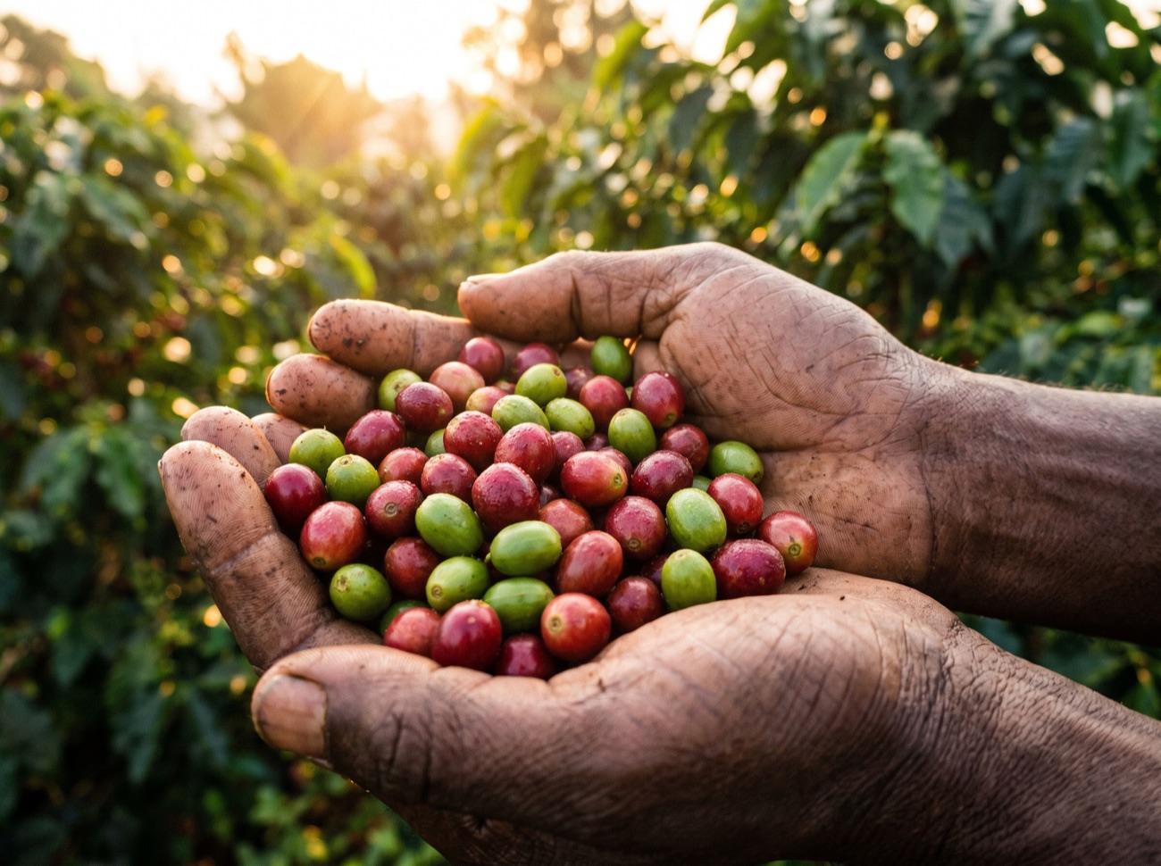 Ripe red and green coffee cherries held in a farmer's cupped hands.